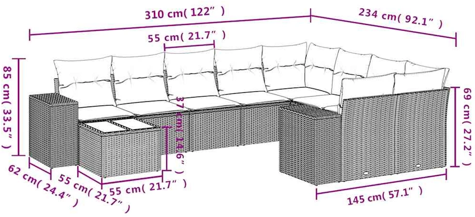 Sofa Sodo komplektas su pagalvėlėmis, 10 dalių, pilkas, poliratanas