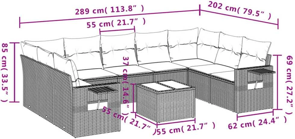 Lauko baldų komplektas Sodo komplektas su pagalvėlėmis, 10 dalių, pilkas, poliratanas