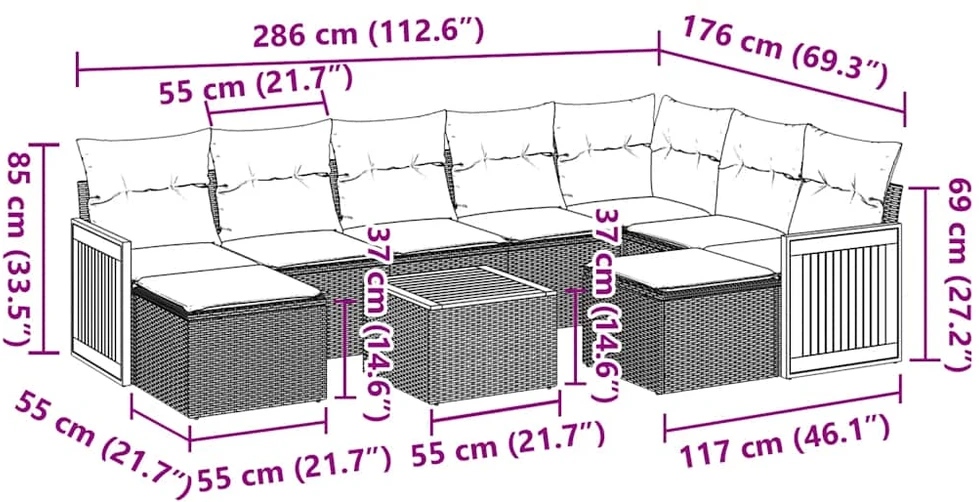 Lauko baldų komplektas Sodo komplektas su pagalvėlėmis, 10 dalių, juodas, poliratanas