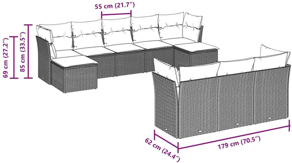 Sofa Sodo komplektas su pagalvėlėmis, 10 dalių, pilkas, poliratanas