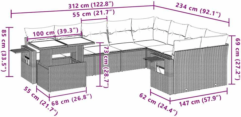 Lauko baldų komplektas Sodo komplektas su pagalvėlėmis, 10 dalių, rudas, poliratanas