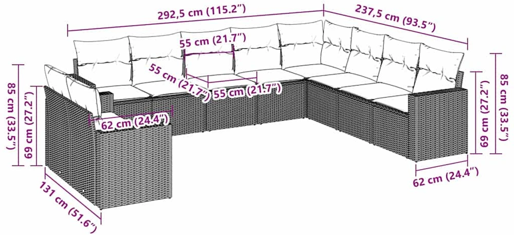 Lauko baldų komplektas Sodo komplektas su pagalvėlėmis, 10 dalių, rudas, poliratanas