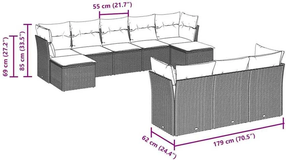 Sofa Sodo komplektas su pagalvėlėmis, 10 dalių, pilkas, poliratanas