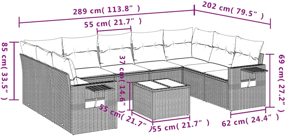 Sofa Sodo komplektas su pagalvėlėmis, 10 dalių, pilkas, poliratanas