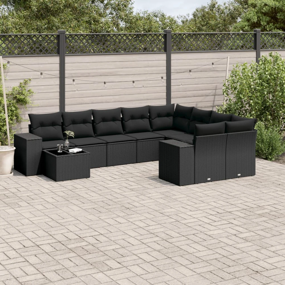 Sofa Sodo komplektas su pagalvėlėmis, 10 dalių, juodas, poliratanas