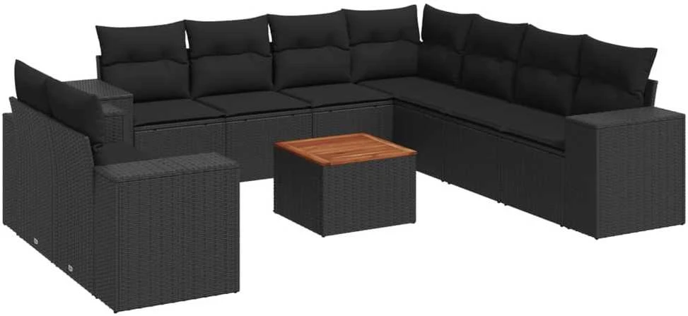 Sofa Sodo komplektas su pagalvėlėmis, 10 dalių, juodas, poliratanas