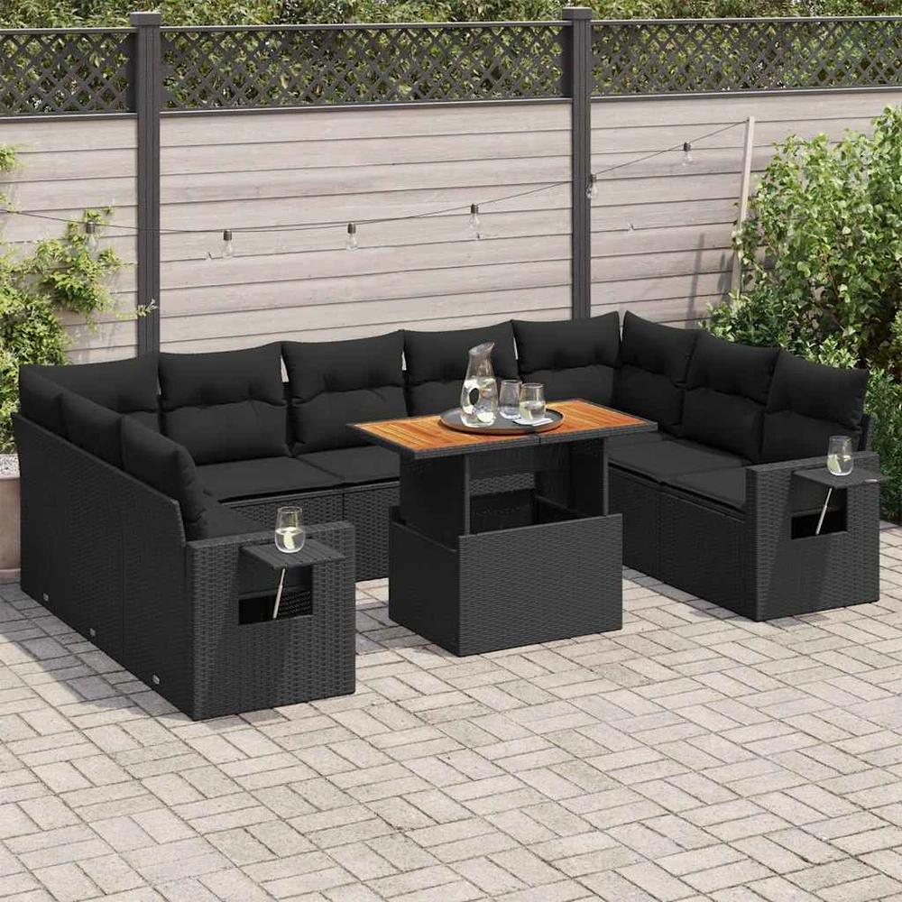 Sofa Sodo komplektas su pagalvėlėmis, 10 dalių, juodas, poliratanas