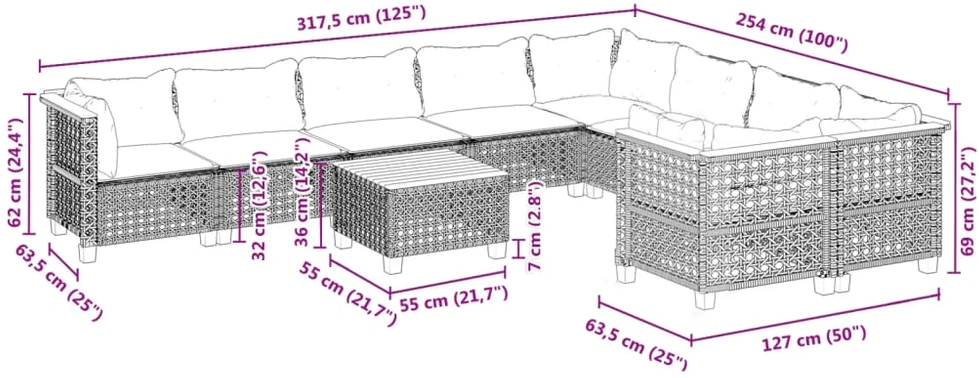 Lauko baldų komplektas Sodo komplektas su pagalvėlėmis, 10 dalių, juodas, poliratanas