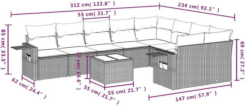 Sofa Sodo komplektas su pagalvėlėmis, 10 dalių, pilkas, poliratanas