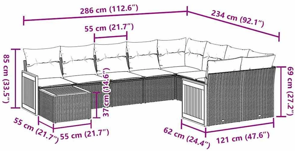 Lauko baldų komplektas Sodo komplektas su pagalvėlėmis, 10 dalių, juodas, poliratanas