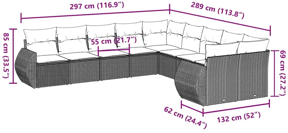 Sofa Sodo komplektas su pagalvėlėmis, 10 dalių, pilkas, poliratanas