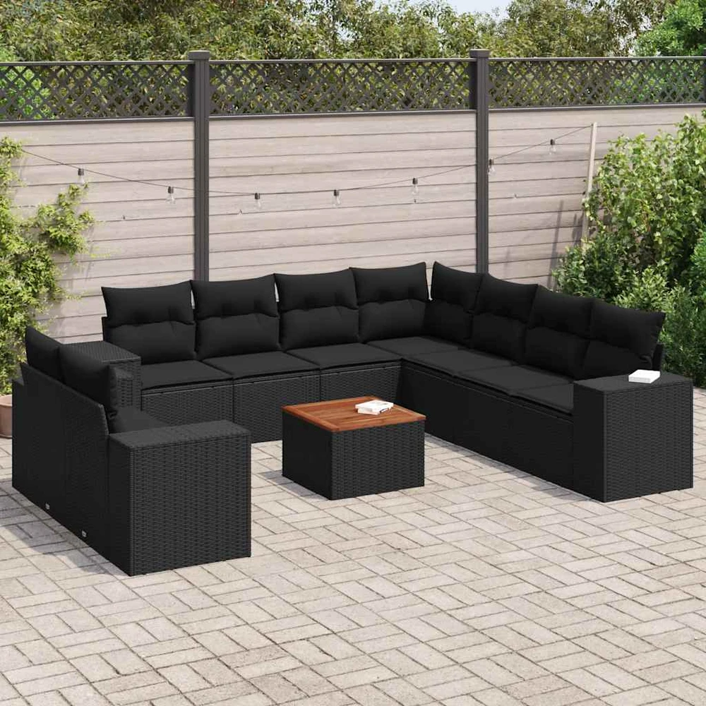 Sofa Sodo komplektas su pagalvėlėmis, 10 dalių, juodas, poliratanas
