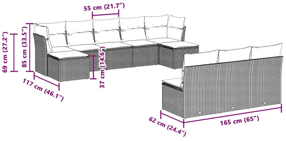Sofa Sodo komplektas su pagalvėlėmis, 10 dalių, pilkas, poliratanas