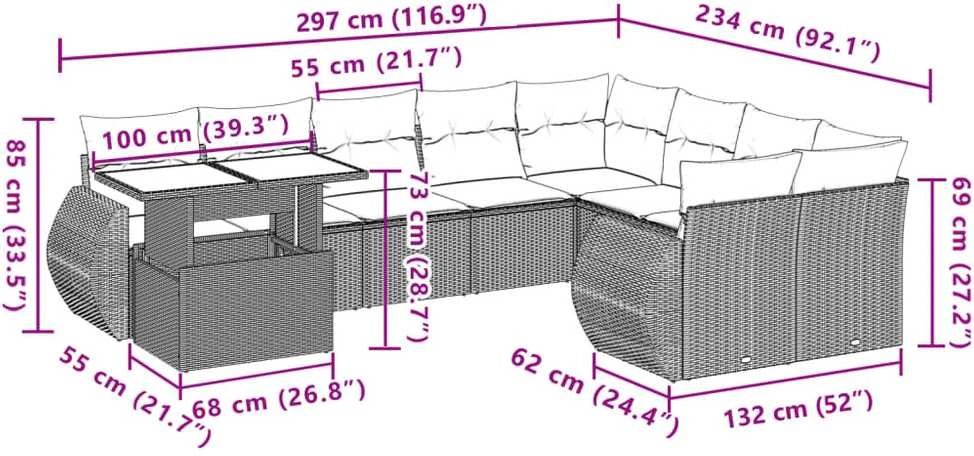Lauko baldų komplektas Sodo komplektas su pagalvėlėmis, 10 dalių, pilkas, poliratanas