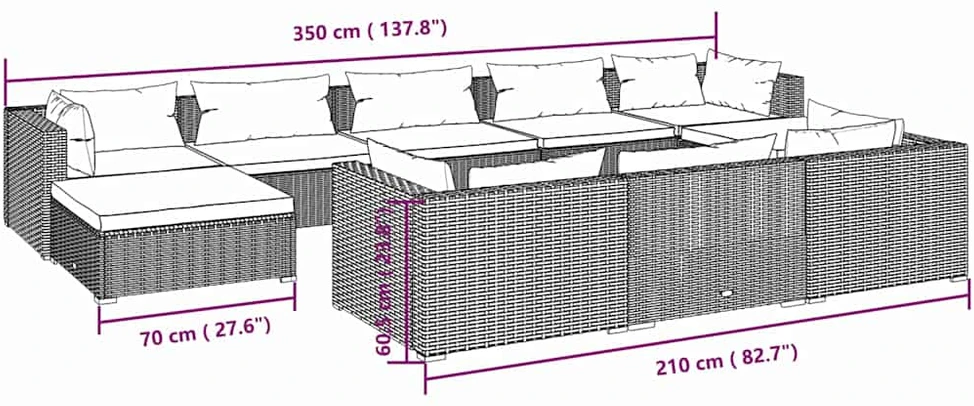 Lauko baldų komplektas Sodo komplektas su pagalvėlėmis, 10 dalių, juodas, poliratanas