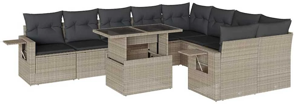 Sofa Sodo komplektas su pagalvėlėmis, 10 dalių, pilkas, poliratanas