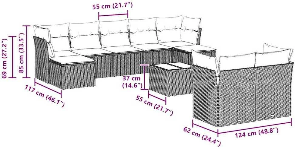Sofa Sodo komplektas su pagalvėlėmis, 10 dalių, pilkas, poliratanas