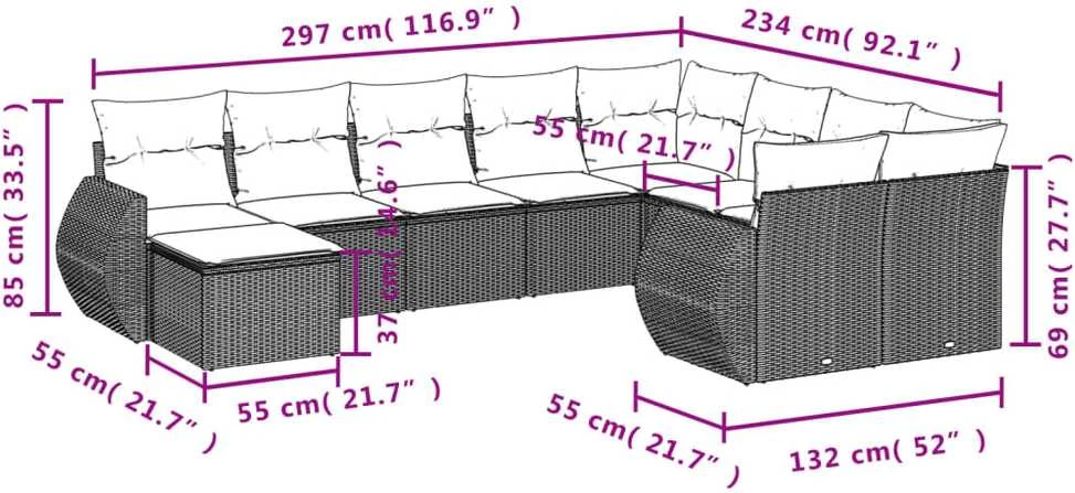 Sofa Sodo komplektas su pagalvėlėmis, 10 dalių, pilkas, poliratanas