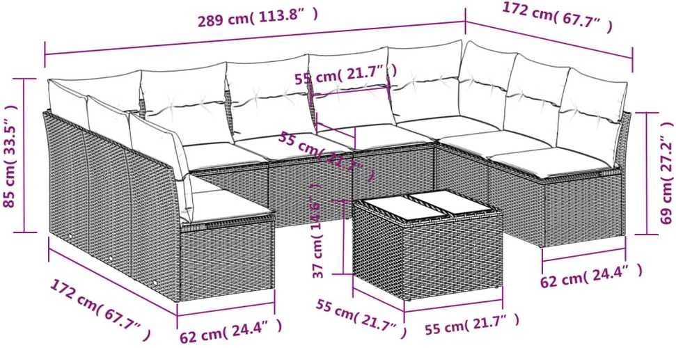 Lauko baldų komplektas Sodo komplektas su pagalvėlėmis, 10 dalių, pilkas, poliratanas