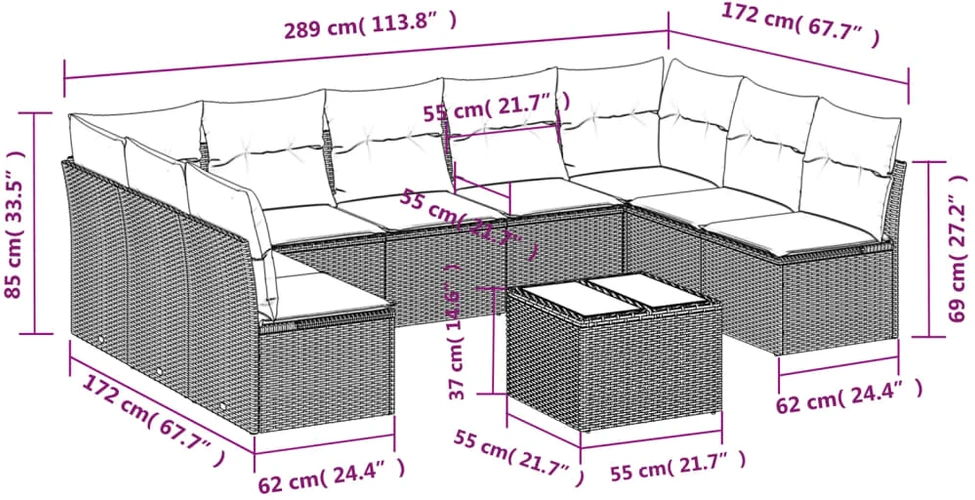 Lauko baldų komplektas Sodo komplektas su pagalvėlėmis, 10 dalių, juodas, poliratanas