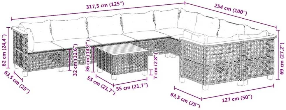 Lauko baldų komplektas Sodo komplektas su pagalvėlėmis, 10 dalių, pilkas, poliratanas