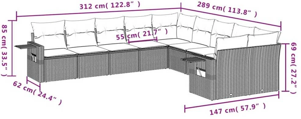 Sofa Sodo komplektas su pagalvėlėmis, 10 dalių, pilkas, poliratanas
