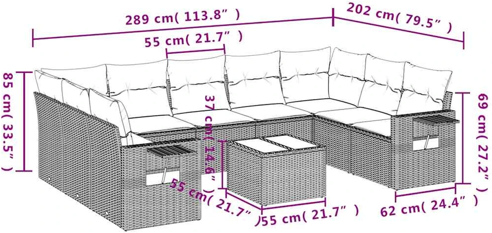 Lauko baldų komplektas Sodo komplektas su pagalvėlėmis, 10 dalių, juodas, poliratanas