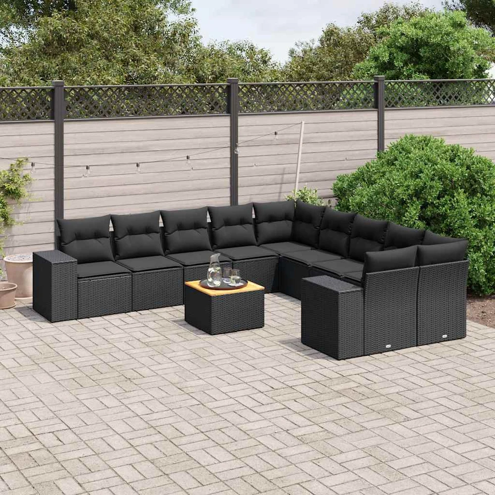 Sofa Sodo komplektas su pagalvėlėmis, 11 dalių, juodas, poliratanas