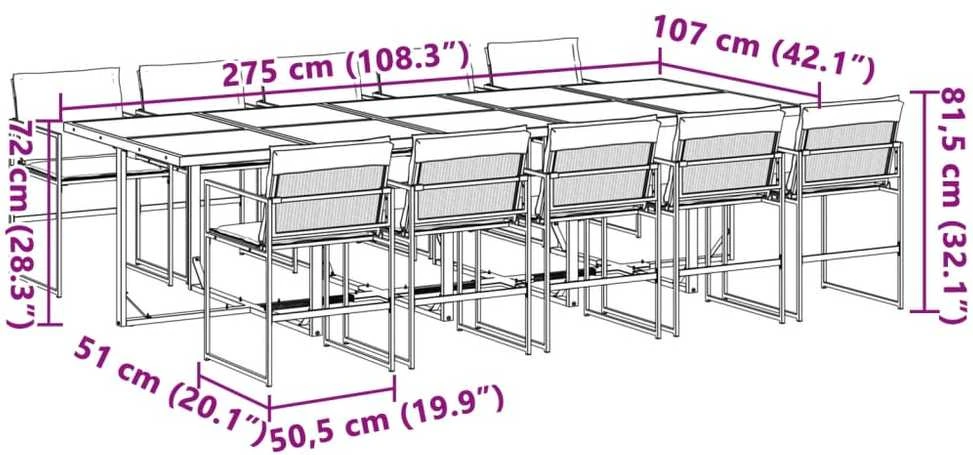 Lauko baldų komplektas Sodo komplektas su pagalvėlėmis, 11 dalių, baltas, tekstilenas