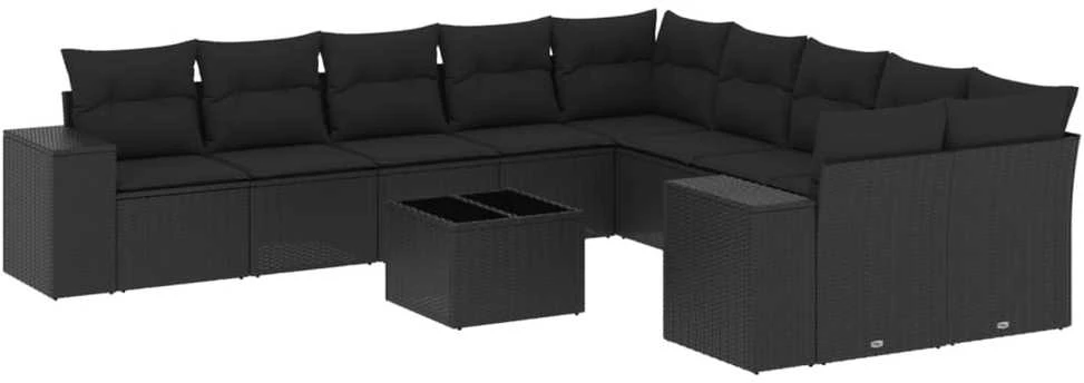 Sofa Sodo komplektas su pagalvėlėmis, 11 dalių, juodas, poliratanas