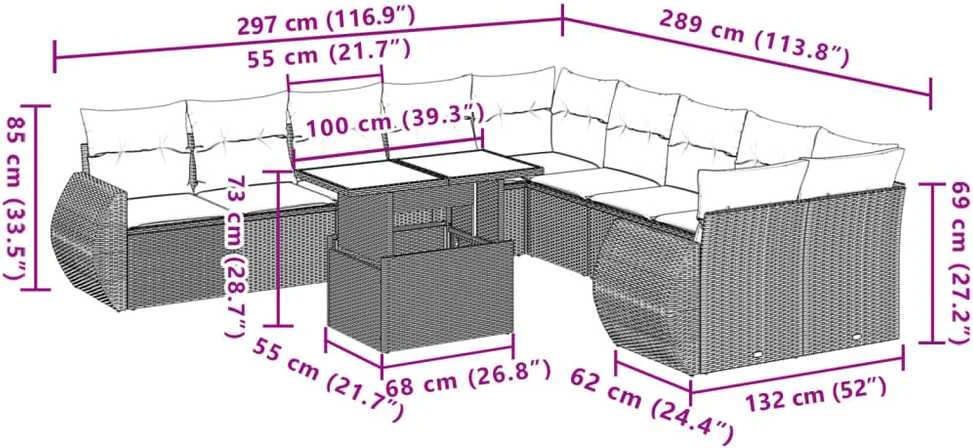 Lauko baldų komplektas Sodo komplektas su pagalvėlėmis, 11 dalių, pilkas, poliratanas