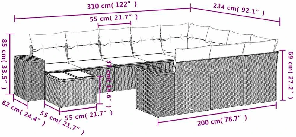 Sofa Sodo komplektas su pagalvėlėmis, 11 dalių, pilkas, poliratanas