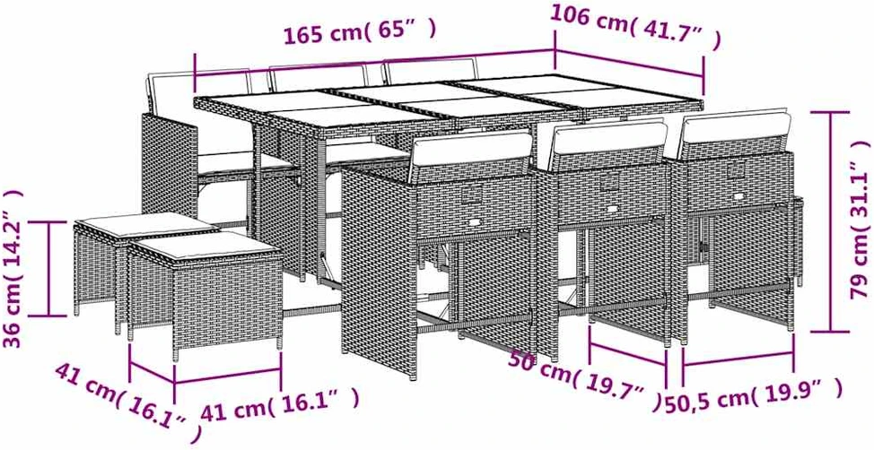 Lauko baldų komplektas Sodo komplektas su pagalvėlėmis, 11 dalių, juodas, poliratanas