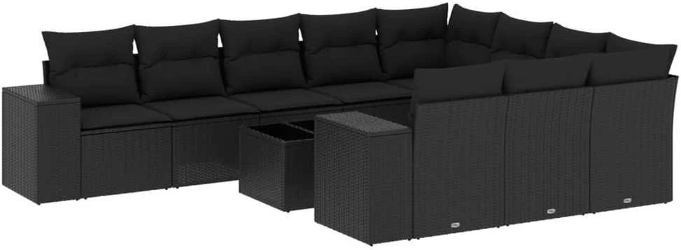 Sofa Sodo komplektas su pagalvėlėmis, 11 dalių, juodas, poliratanas