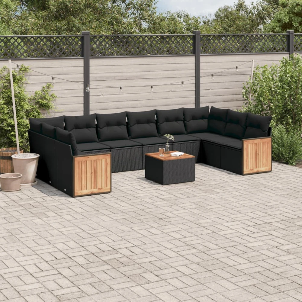 Lauko baldų komplektas Sodo komplektas su pagalvėlėmis, 11 dalių, juodas, poliratanas