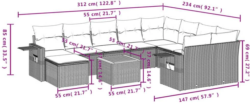 Sofa Sodo komplektas su pagalvėlėmis, 11 dalių, smėlio, poliratanas