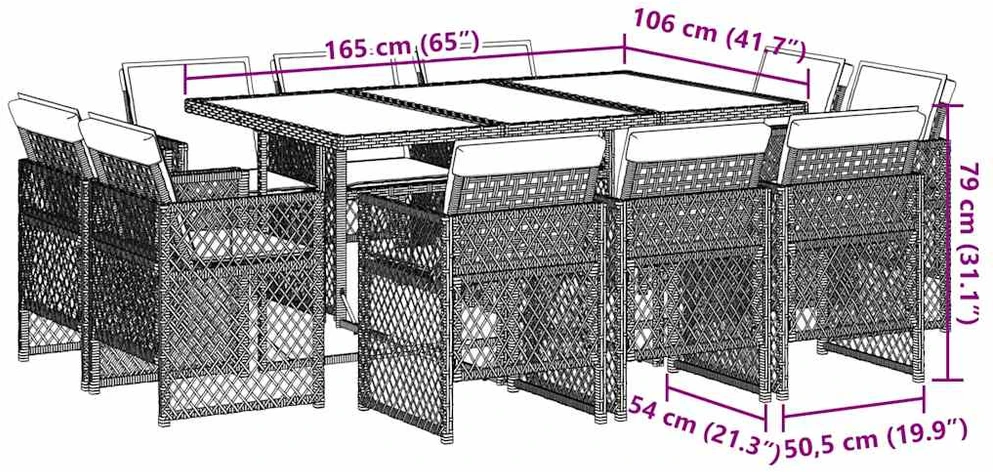 Lauko baldų komplektas Sodo komplektas su pagalvėlėmis, 11 dalių, pilkas, poliratanas