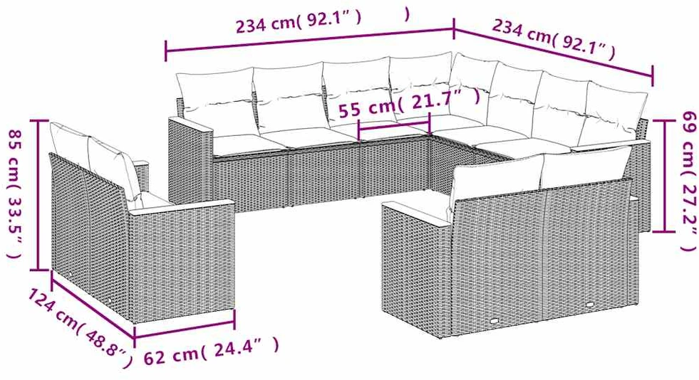 Lauko baldų komplektas Sodo komplektas su pagalvėlėmis, 11 dalių, juodas, poliratanas