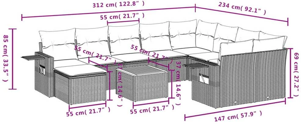 Lauko baldų komplektas Sodo komplektas su pagalvėlėmis, 11 dalių, pilkas, poliratanas