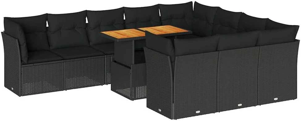 Sofa Sodo komplektas su pagalvėlėmis, 11 dalių, juodas, poliratanas