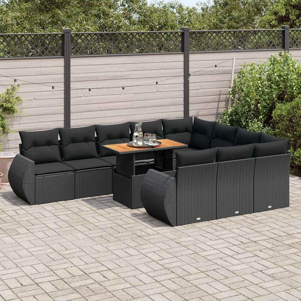 Sofa Sodo komplektas su pagalvėlėmis, 11 dalių, juodas, poliratanas