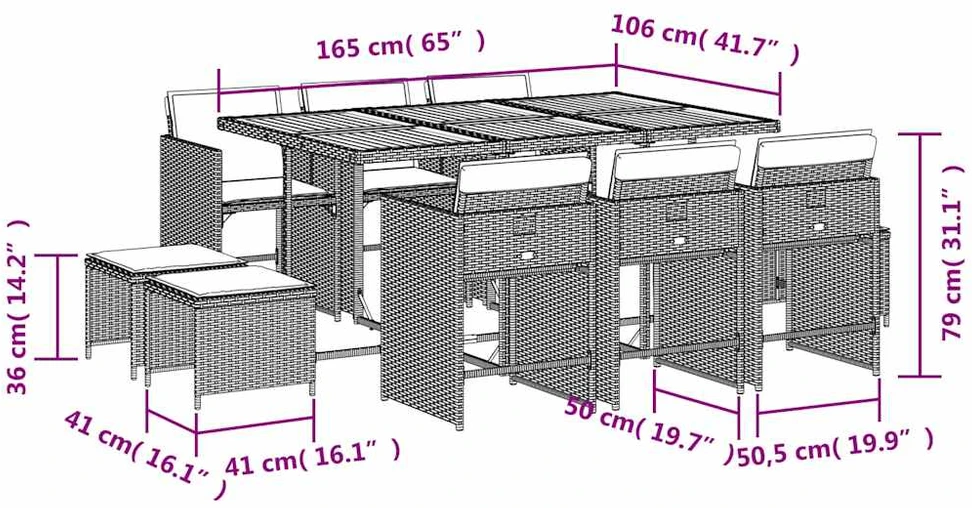 Lauko baldų komplektas Sodo komplektas su pagalvėlėmis, 11 dalių, pilkas, poliratanas