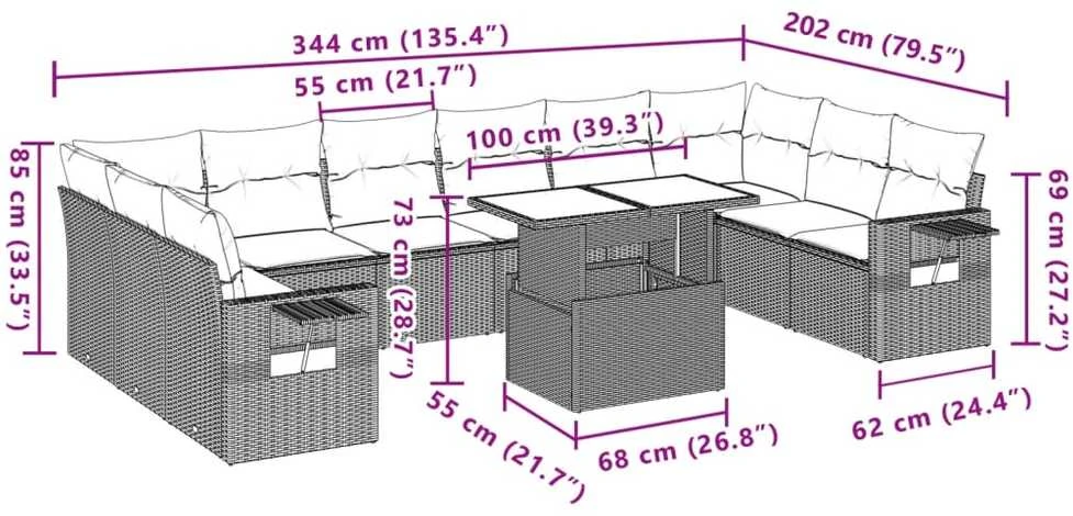 Sodo komplektas su pagalvėlėmis, 11 dalių, pilkas, poliratanas