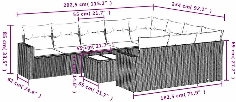 Sodo komplektas su pagalvėlėmis, 11 dalių, rudas, poliratanas