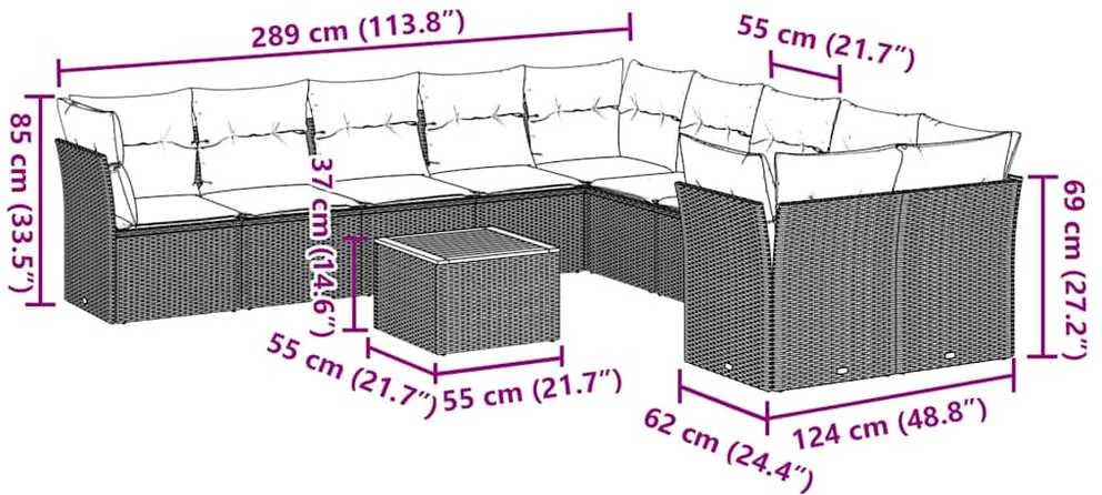 Lauko baldų komplektas Sodo komplektas su pagalvėlėmis, 11 dalių, pilkas, poliratanas