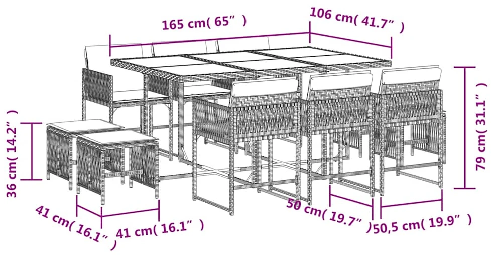 Lauko baldų komplektas Sodo komplektas su pagalvėlėmis, 11 dalių, rudas, poliratanas