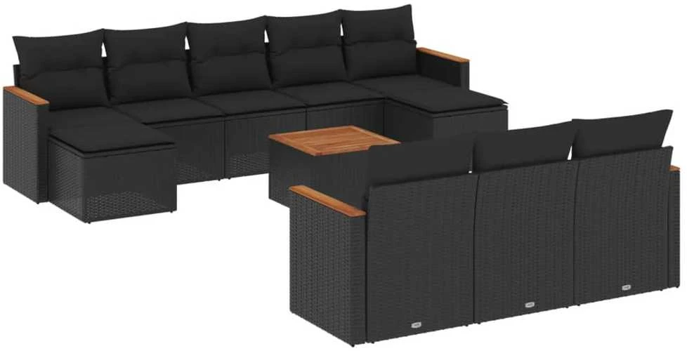 Lauko baldų komplektas Sodo komplektas su pagalvėlėmis, 11 dalių, juodas, poliratanas