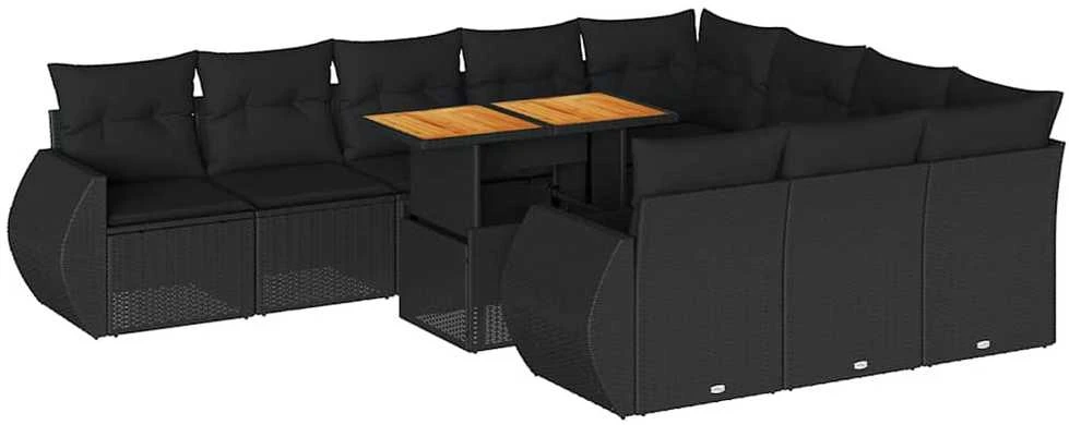 Sofa Sodo komplektas su pagalvėlėmis, 11 dalių, juodas, poliratanas