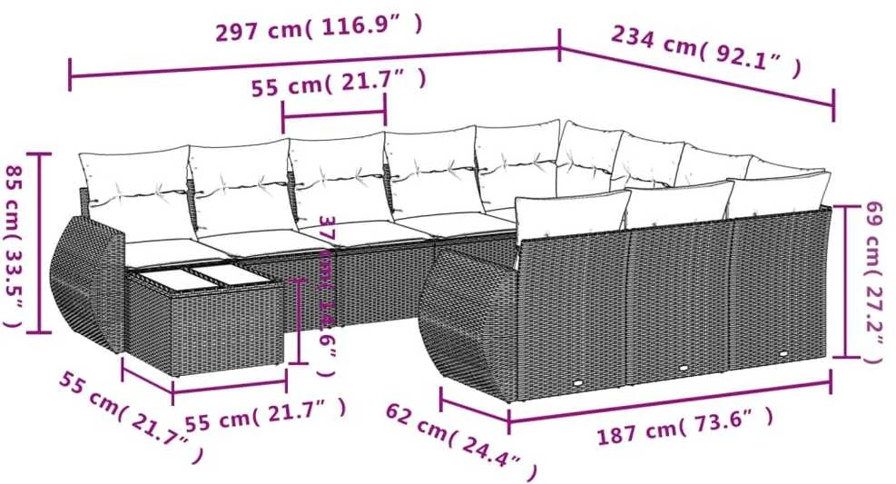 Lauko baldų komplektas Sodo komplektas su pagalvėlėmis, 11 dalių, juodas, poliratanas