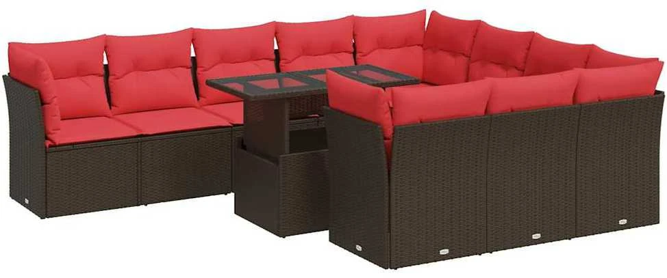 Sofa Sodo komplektas su pagalvėlėmis, 11 dalių, poliratanas/akacija